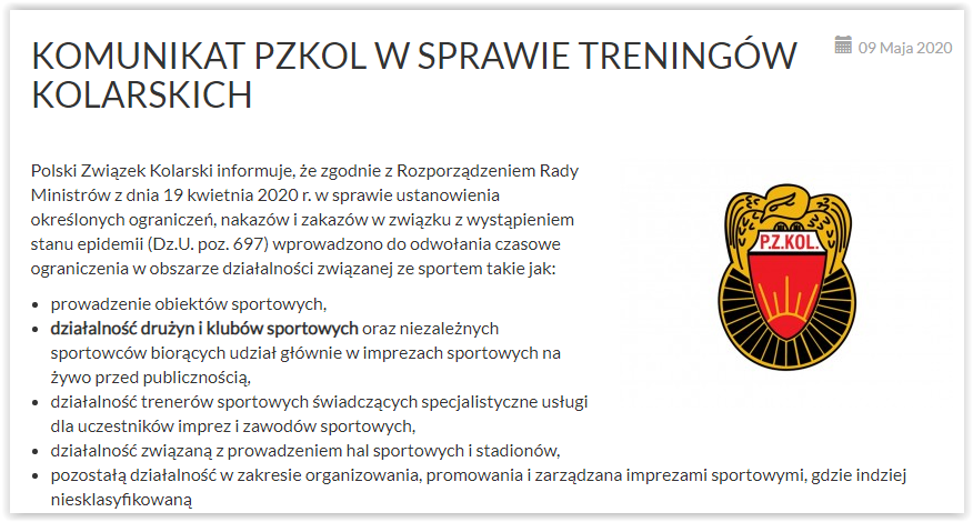 Informacja ze strony Polskiego Związku Kolarskiego w sprawie treningów kolarskich